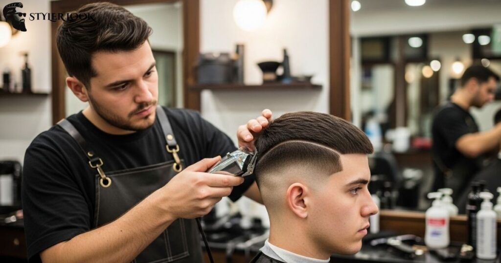 Barber shaping a clean taper fade with precise clippers and smooth blend