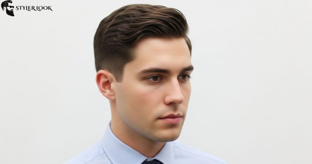 Office-ready low taper fade white male hairstyle
