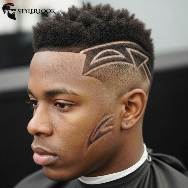 Low Taper Fade Black Haircut with Design