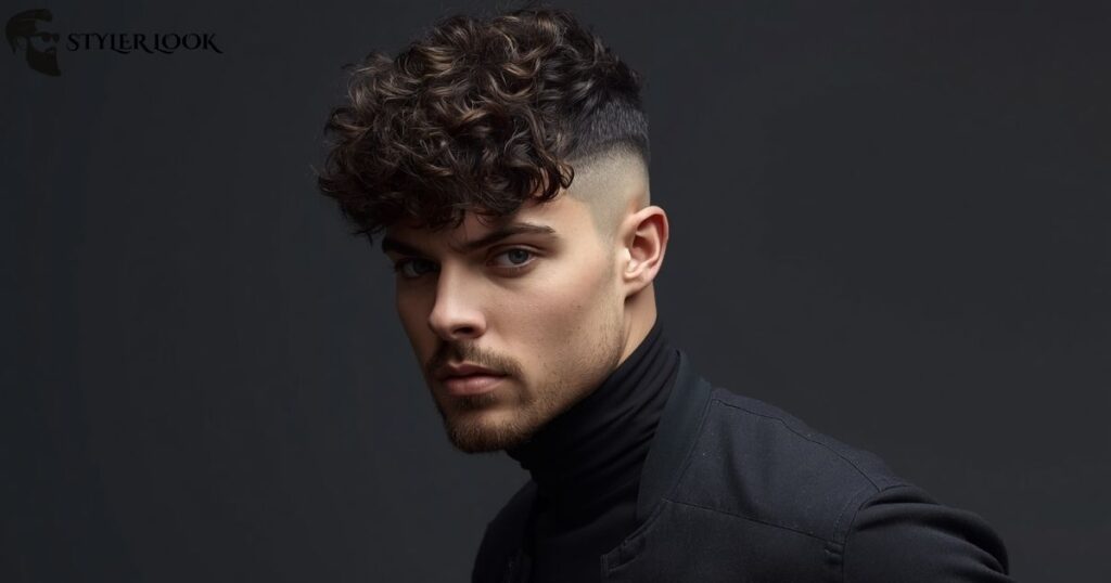 Low Taper Fade Curly Hair Curtain Bangs