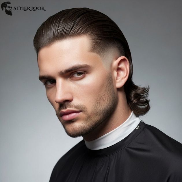 Low Taper Fade Slick Back With Long Hair