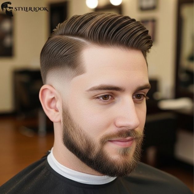 Low Taper Fade Slick Back with Beard