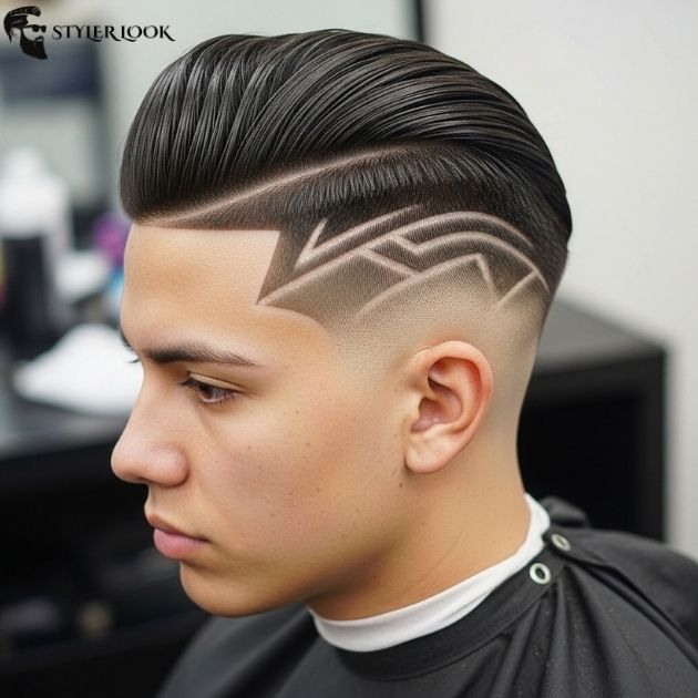Low Taper Fade Slick Back with Design