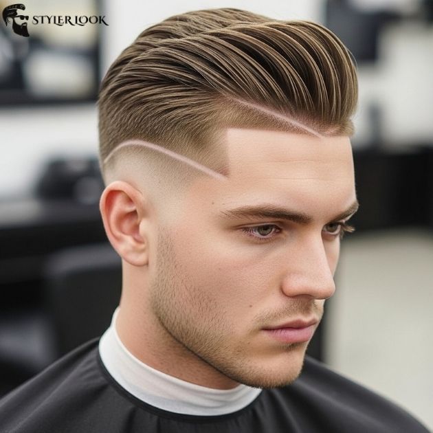 Low Taper Fade Slick Back with Hard Part